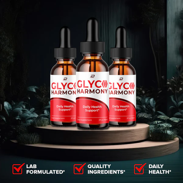 Three Glyco Harmony supplement dropper bottles isolated on a transparent background in PNG format.