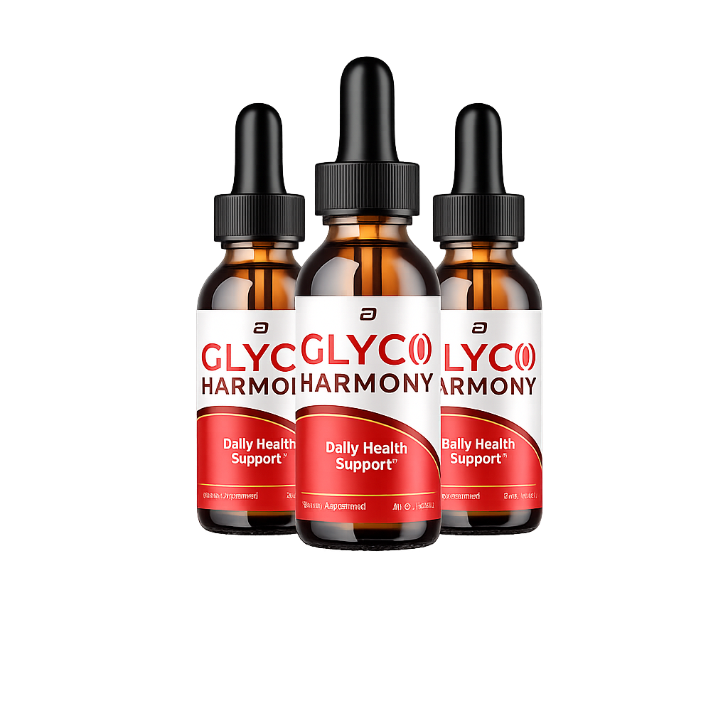 Three Glyco Harmony supplement dropper bottles isolated on a transparent background in PNG format.