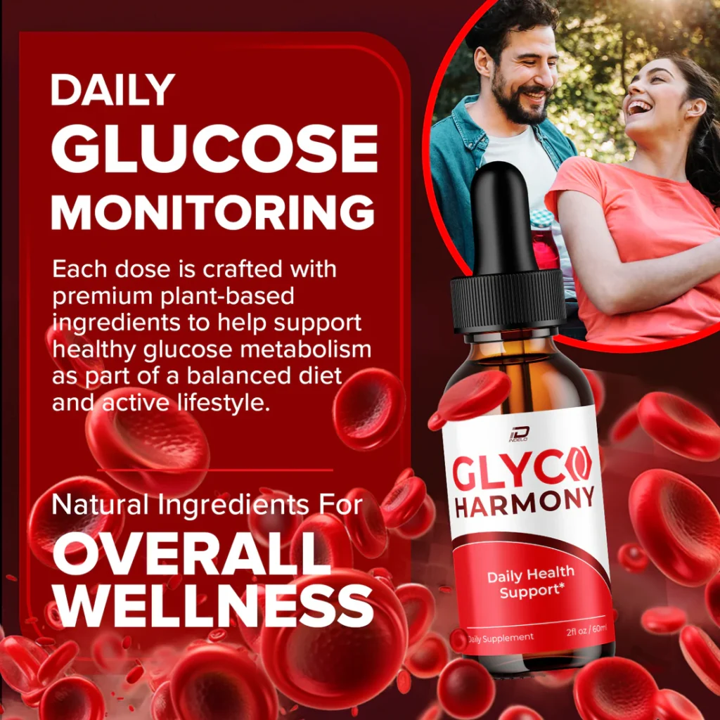 Glyco Harmony supplement bottle with glucose monitoring wellness design, red blood cells background, and healthy lifestyle concept.